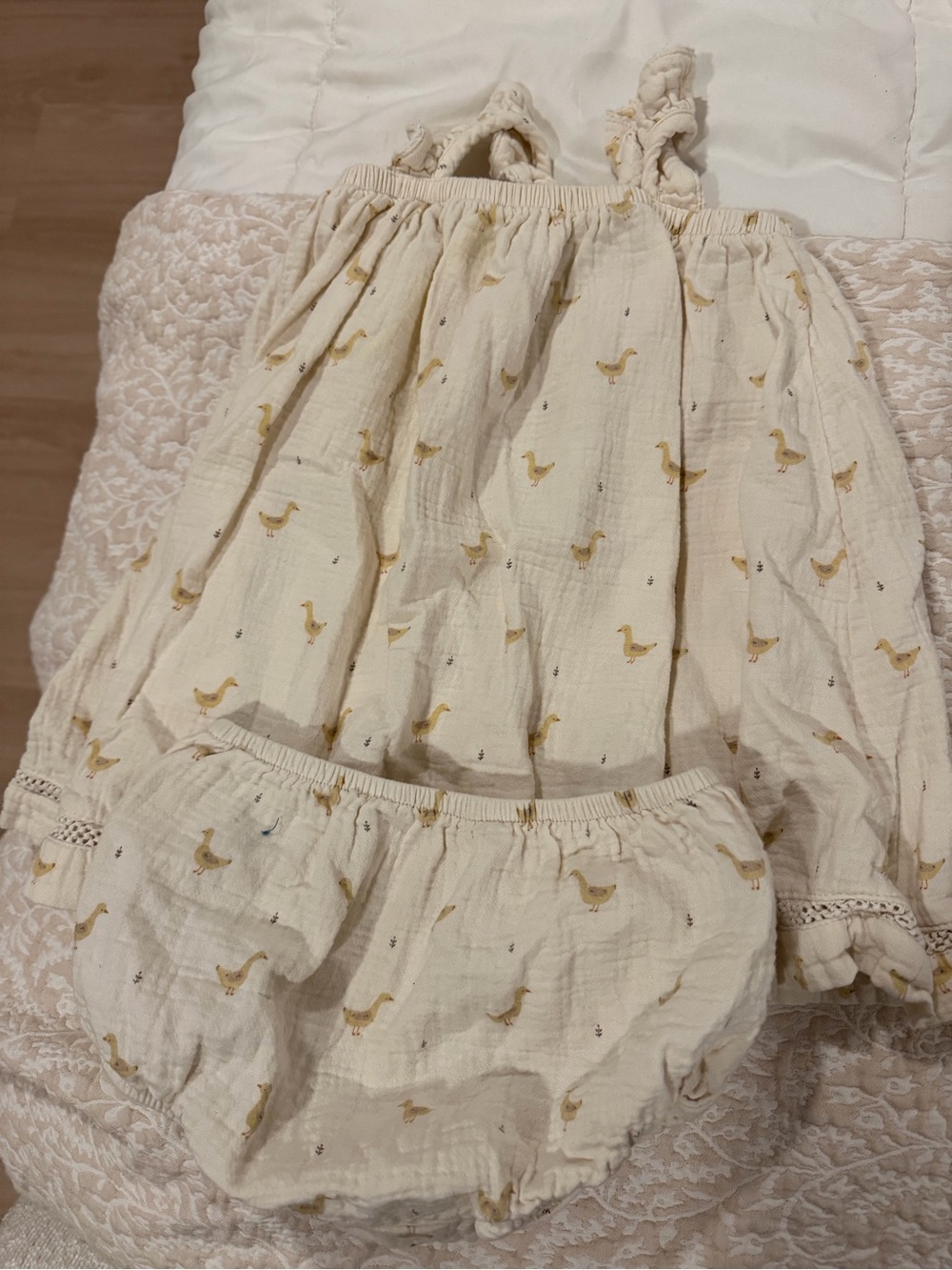 Quincy Mae Cream Baby Dress & Bloomer Set with Yellow Duck Print